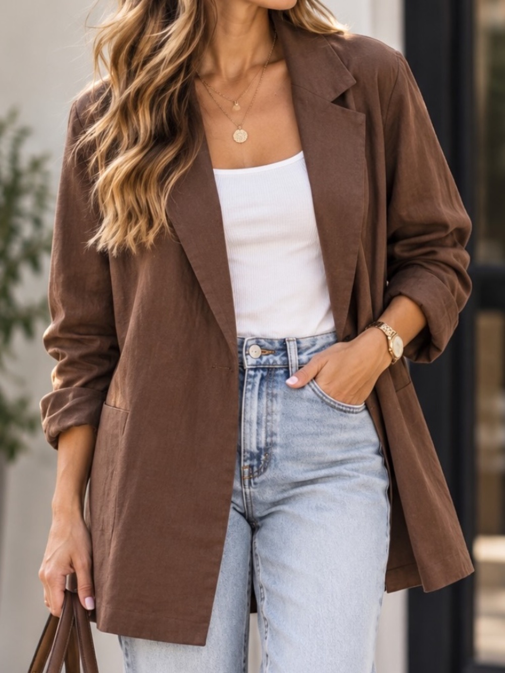 PrettyLittle Things Plus Blazer Womens Size 24 Chocolate Brown Oversized Linen B